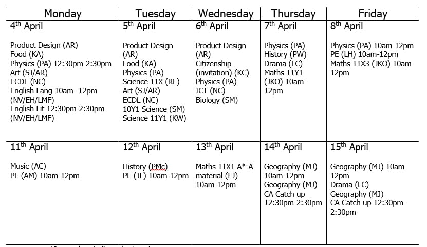 Easter school timetable 2016